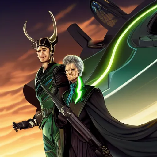 Image similar to elegant beautiful loki and mobius at the tva watching knight rider, 4 k resolution, detailed, high quality, hq artwork, coherent, insane detail, concept art, character concept, character full body portrait