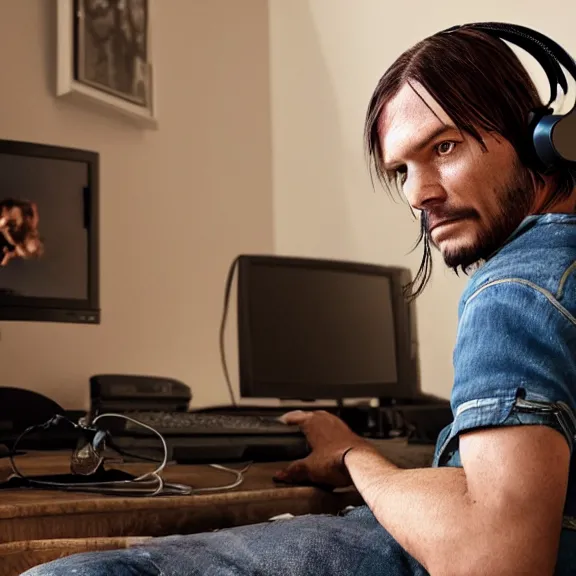 Image similar to john marston in his bedroom, playing pc games with gaming headphones on, photograph