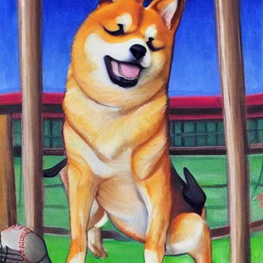 Image similar to shiba inu dog, baseball bat bonk, dog swinging bat 🐶 🏏 🎨🖌