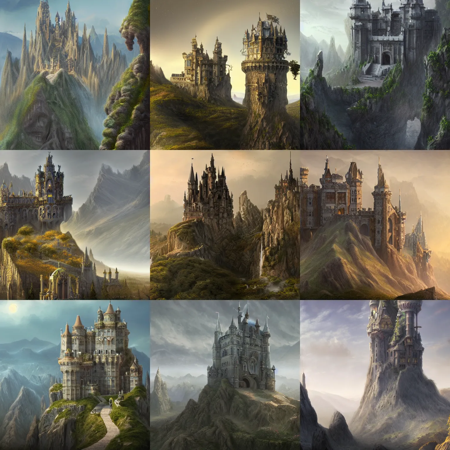 Prompt: Matte painting Landscape. Elaborate elegant castle built on top of a tall pillar peak. Detailed, intricate, HD, 8k, elaborate, detailed digital art trending in artstation