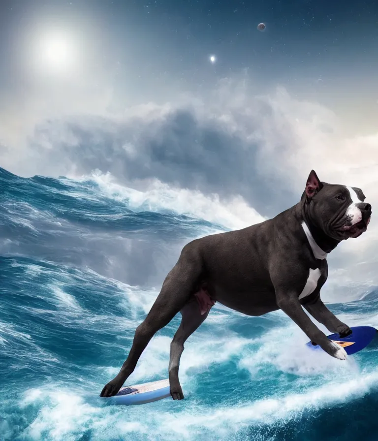 Image similar to photo of a dark gray coat pit bull with a white paws and a white nose!, surfing on a surfboard in a crashing wave of alien ocean in space, background is an alien galaxy, aliens in the background, alien colors, octane render, unreal engine, wide view, 8 k, highly detailed