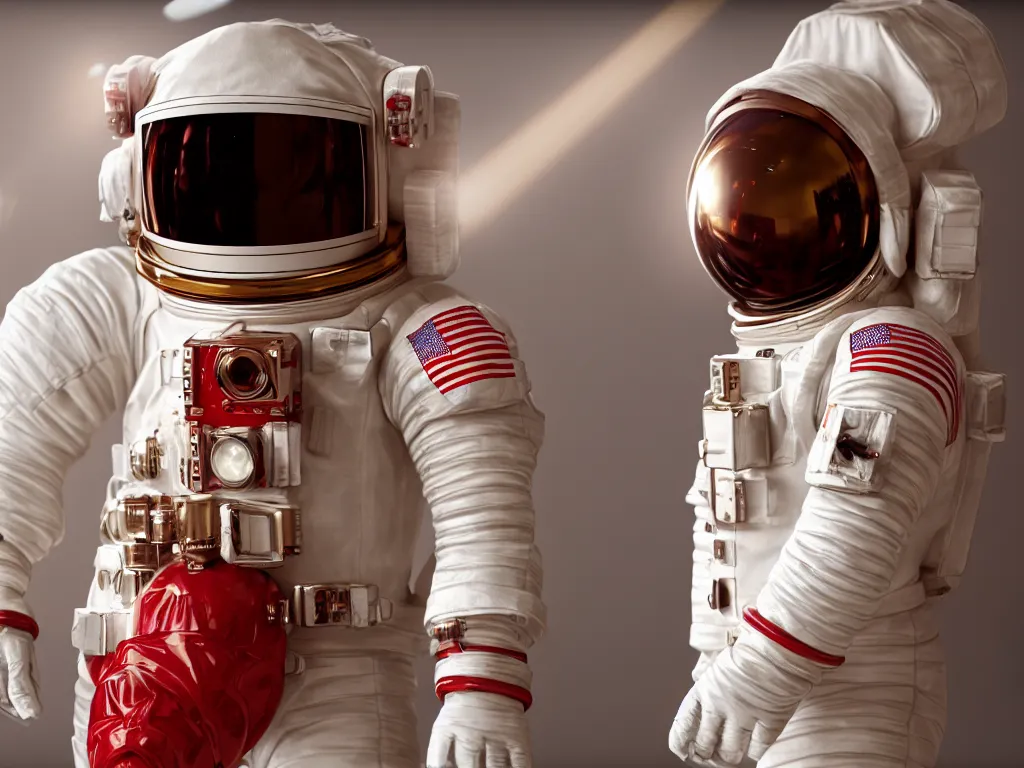 Prompt: ornate red bone in astronaut suit, gold linens, cinematic lighting, dramatic, octane render, long lens, shallow depth of field, bokeh, anamorphic lens flare, 8k, hyper detailed, 35mm film grain