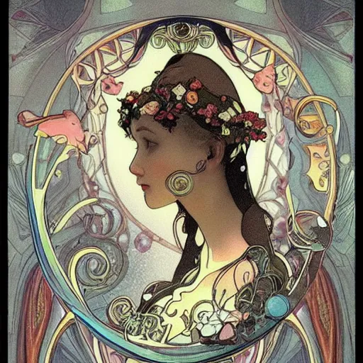 Image similar to Alice in Wonderland,Diamonds Blaze,Rose twining,out of time and space,dreamy, eternity, romantic,highly detailed,in the style of Alphonse Maria Mucha, highly detailed,night lighting