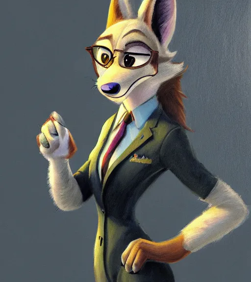 Image similar to oil painting of full body of anthromorphic female wolf, in style of zootopia, zootopia, zootopia, fursona, furry, furaffinity, 4 k, deviantart, furry art, fursona art, wearing black business suit, business suit, in style of zootopia, wolf fursona, cyberpunk, female, expressive detailed feminine face,
