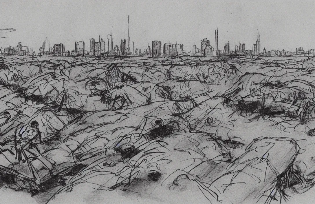 Image similar to milt kahl sketch of world war 1 trenches with the city of miami in the background