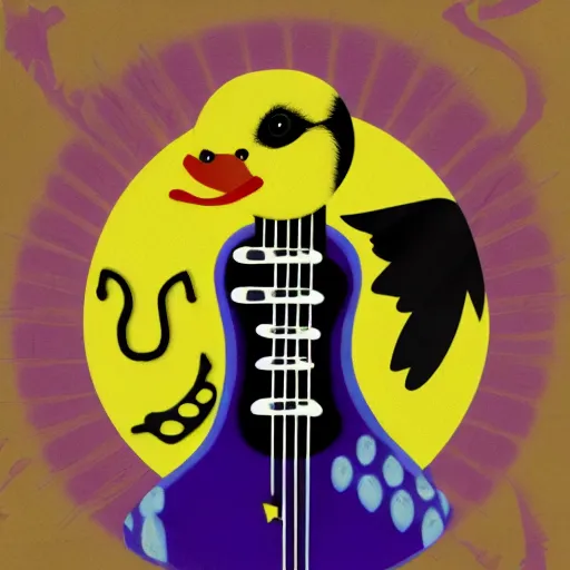Prompt: Baby duck with black jay with yellow stars playing the funky bass on a purple bass guitar in a smokey bar