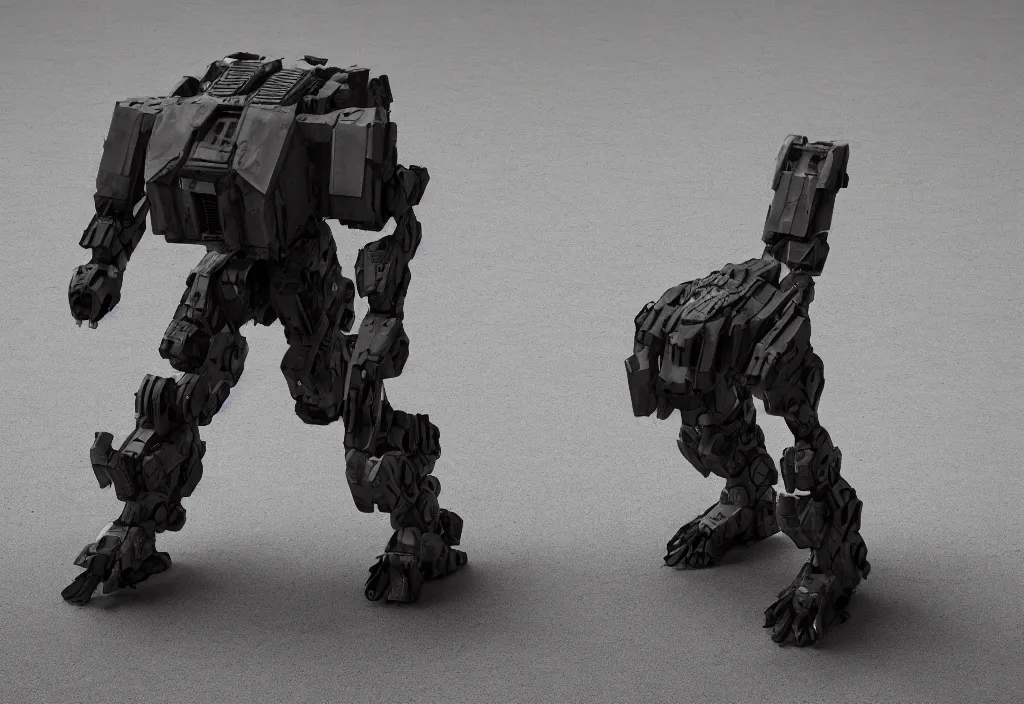 Image similar to military quadruped tiger shaped mech, with black carbon fibre muscular limbs, sinew, clean, simple, minimalist, side view, product design, modern, on an empty grimy concrete background, weta, cinematic, realistic, stylised, unreal engine, hyper realistic, octane render