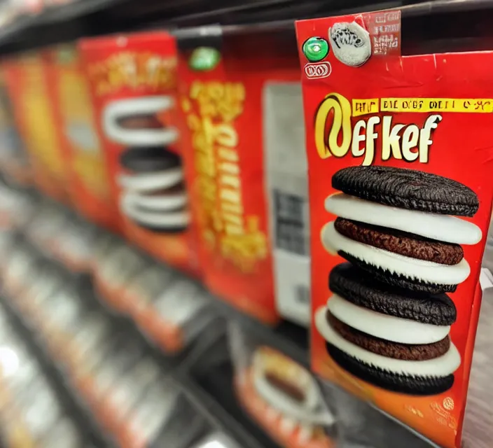Image similar to a package of beef flavored oreos on a store shelf, photo, shot on iphone
