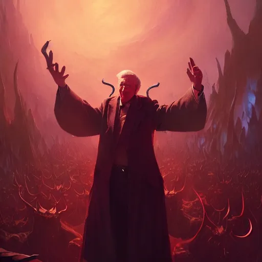 Image similar to pat robertson in hell lording over his army of demons, greg rutkowski, trending on artstation, 8 k