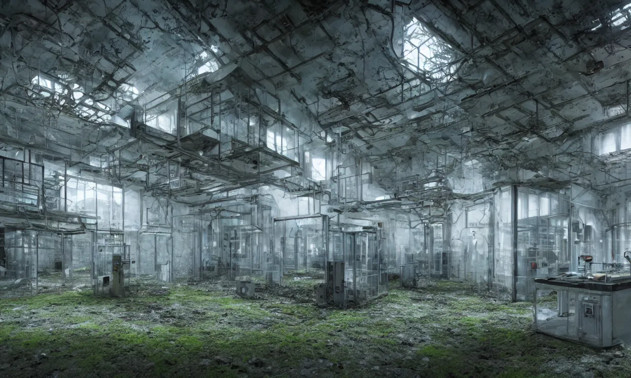 Image similar to an abandoned research facility in a foggy environment with mossy computers, and colored lights on research equipment still functioning | intricate detail, microdisplacement, elaborate design, cgi, volumetric lighting, global illumination