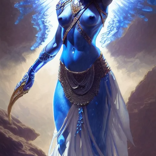 Image similar to a goddess of water wearing blue armor, with arms and hair turning into water, fantasy, intricate, elegant, highly detailed, digital painting, artstation, concept art, wallpaper, smooth, sharp focus, illustration, art by artgerm and greg rutkowski and alphonse mucha