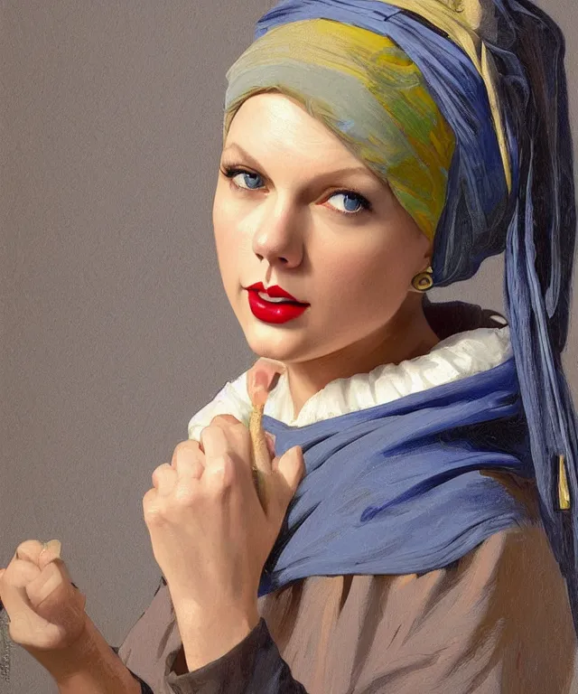 Image similar to Taylor Swift as the girl with the pearl earring, highly detailed, digital painting, artstation, concept art, smooth, sharp focus, illustration, ArtStation, art by artgerm and greg rutkowski and alphonse mucha and J. C. Leyendecker and Edmund Blair Leighton and Katsuhiro Otomo and Geof Darrow and Phil hale and Ashley wood and Ilya repin and Charlie Bowater