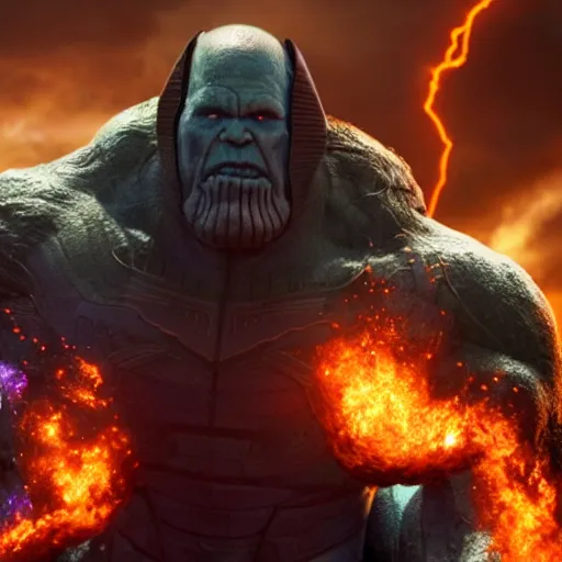 Prompt: Thanos fighting Darkseid in hell, hyper realistic, Zack Snyder movie shot, moody, atmospheric, 8k resolution, high detail,