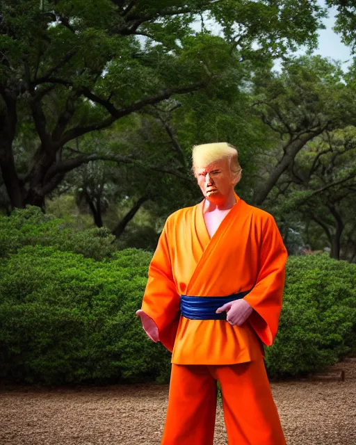 Image similar to award winning 5 5 mm portrait photo of trump as songoku, in a park. rule of thirds.