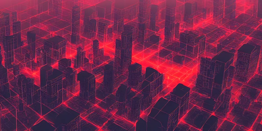 Prompt: destined aerial view of a brutality dystopian city with an evil looking tall building at the center illuminating a red light from it's windows, matte painting