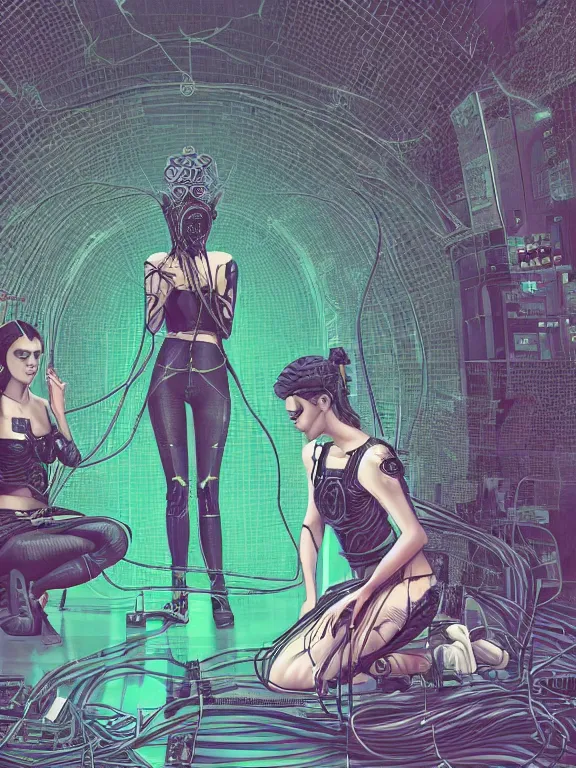 Prompt: a cyberpunk style illustration of two veiled female android queens kneel and pray with lots of complex mess of cables and wires behind them connected to giant computer,bowknot, fine lace, GUCCI, glittering, jewel embellishment, film lighting, by shibashake,Cedric Peyravernay,marie spartali Stillman,William Morris,Dan Mumford, trending on atrstation, full of color, mythological, high detailed,golden ratio,cinematic lighting