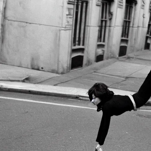 Prompt: Aubrey Plaza doing a backflip in the street, photographed by Henri Cartier-Bresson on a Leica camera