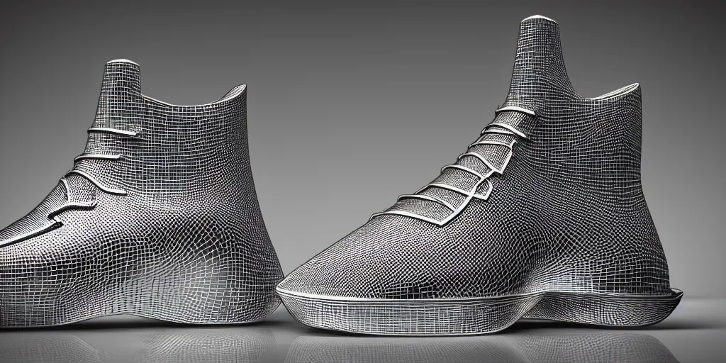 Prompt: one wire mesh high - top sneaker with neon illuminated soles on a grey surface, clean 3 d render, beautiful studio lighting, soft, sharp focus, cyberpunk, intricate detail, gold filigree, art by iris van herpen and syd mead and rodin