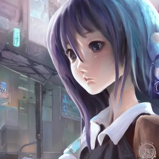 Image similar to dynamic composition, motion, ultra-detailed, incredibly detailed, a lot of details, amazing fine details and brush strokes, colorful and grayish palette, smooth, HD semirealistic anime CG concept art digital painting, watercolor oil painting of Clean and detailed post-cyberpunk sci-fi close-up schoolgirl in asian city in style of cytus and deemo, blue flame, relaxing, calm and mysterious vibes,, by a Chinese artist at ArtStation, by Huang Guangjian, Fenghua Zhong, Ruan Jia, Xin Jin and Wei Chang. Realistic artwork of a Chinese videogame, gradients, gentle an harmonic grayish colors. set in half-life 2, Matrix, GITS, Blade Runner, Neotokyo Source, Syndicate(2012), dynamic composition, beautiful with eerie vibes, very inspirational, very stylish, with gradients, surrealistic, dystopia, postapocalyptic vibes, depth of field, mist, rich cinematic atmosphere, perfect digital art, mystical journey in strange world