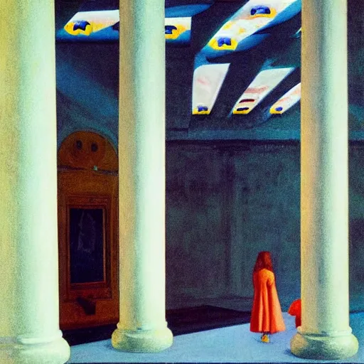 Prompt: battle if crows in a soviet building, hyperrealistic film still by edward hopper, by gottfried helnwein, by klimt, by paolo uccello, art nouveau, highly detailed, strong lights, liminal, eerie, metaphysical, bright pastel colors