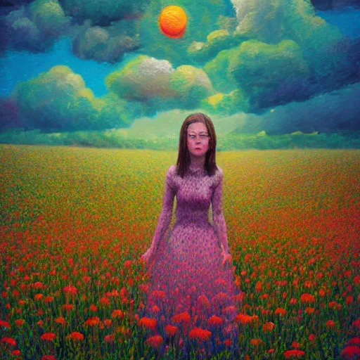 Image similar to girl with singular flower as a face, surreal photography, dream, dress flowing into flower field, hills, big trees, sunrise dramatic light, impressionist painting, colorful clouds, digital painting, pointillism, artstation, simon stalenhag