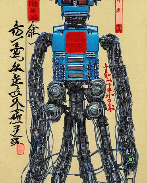 Image similar to Hiroshige portrait of a robot saint made of cables and robotic pod by Claudio Mazzoli