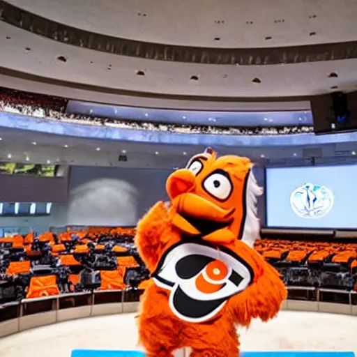 Image similar to Gritty the Philadelphia Flyers mascot delivering a speech at the United Nations