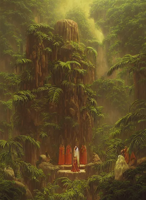 Image similar to ancestors protecting a shaman praying in the jungle, old faces in the clouds, art by christophe vacher