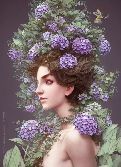 Image similar to a photographic portrait of a anthropomorphic hydrangea blossom, fantasy, wind blowing hair, intricate, elegant, highly detailed, digital painting, artstation, concept art, smooth, sharp focus, illustration, art by artgerm and h r giger and alphonse mucha