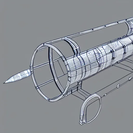 Image similar to xray wireframe of blueprint sketch of barrel fed rocket launcher, 8k resolution, high detail, ULTRA REALISTIC VFX, reflections, post processing