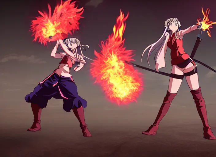 Image similar to in the style of Madhouse studio anime, girl shooting fireballs at a dragon, battle pose