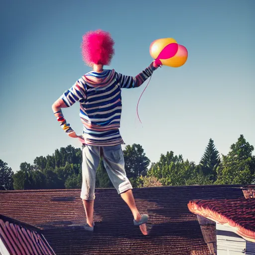 Image similar to photo of a clown on top of a house with a balloon in his left hand, taken with canon eos - 1 d x mark iii, bokeh, sunlight, studio 4 k