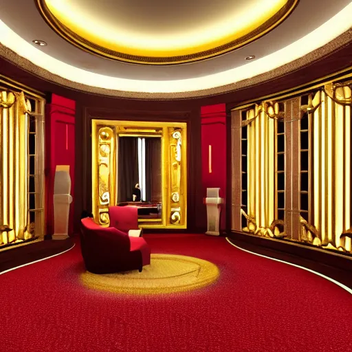 Prompt: isometric view of a lavish hotel lobby, full of cherrywood and red carpet and golden accents on the walls, high quality, digital art, room design