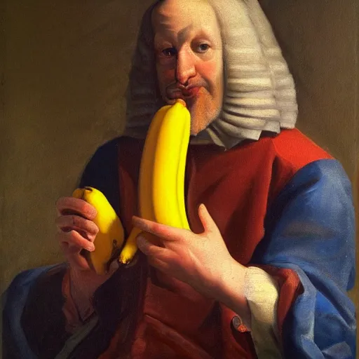 Image similar to man caressing a banana, oil painting, 1 6 6 9, high quality, high resolution