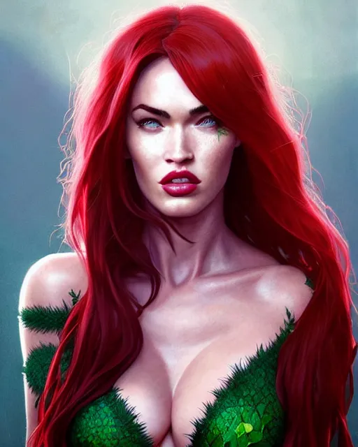 Image similar to highly detailed vfx portrait of megan fox as poison ivy, stephen bliss, unreal engine, greg rutkowski, loish, rhads, beeple, makoto shinkai and lois van baarle, ilya kuvshinov, rossdraws, tom bagshaw, alphonse mucha, global illumination, detailed and intricate environment