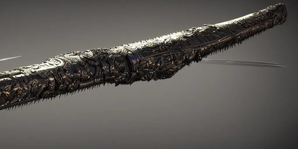 Image similar to legendary cybernetic sword lying flat on a glowing table with a long sharp black and iridescent sword blade, digital award winning hd matte painting, intimate dark moody, intricate, ornate spikes, colorful hilt, detailed realistic, raytraced blade, colored gems, future golden technological pommel, in the style of greg rutkowski and krenz cushart, deviantart