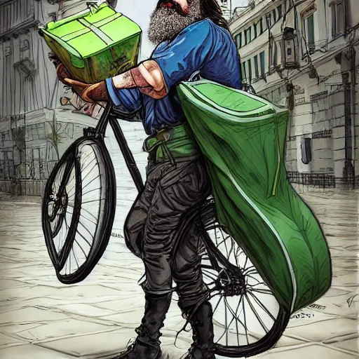 Image similar to a bearded and long haired bicycle food delivery worker with a green bag on his back in rossio lisbon, he has boots, epic fantasy style art by kim jung gi, fantasy epic digital art