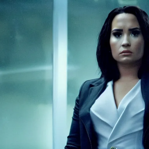 Image similar to close-up of Demi Lovato as a Diana Scully in an X-Files movie directed by Christopher Nolan, movie still frame, promotional image, imax 35 mm footage