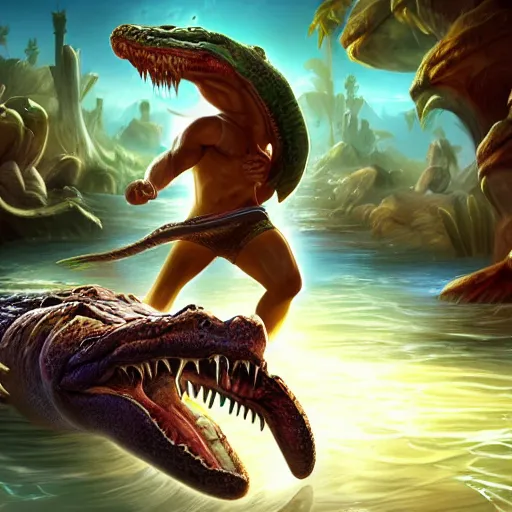 Image similar to league of legends splash art of steve irwin wrestling a crocodile. high rez. digital illusion. digital art. 4 k.