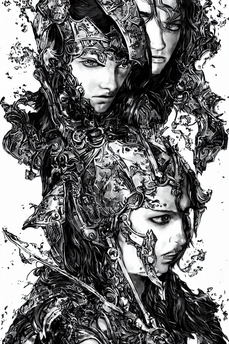 Image similar to alicia vikander as a knight | emotional, angry, screaming | combat | black and white manga | high quality scan, trending on artstation