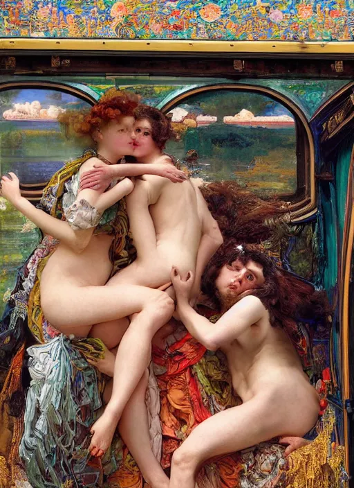 Prompt: detailed colourful masterpiece of photography double couple portrait sat down extreme closeup, inside an underwater train, detailed realistic expressions, wearing unusual clothes, by ford madox brown and william powell frith and moebius and frederic leighton and john william waterhouse