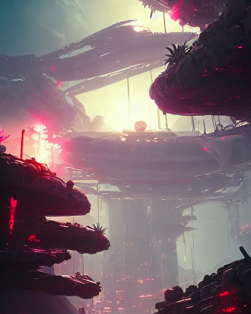 Image similar to beautiful landscape, nier automata, protoss temple!!!, machine planet, pink sun, tropical forest, colorful light, advanced technology, cinematic lighting, highly detailed, masterpiece, art by bastien grivet and darwin cellis and jan urschel