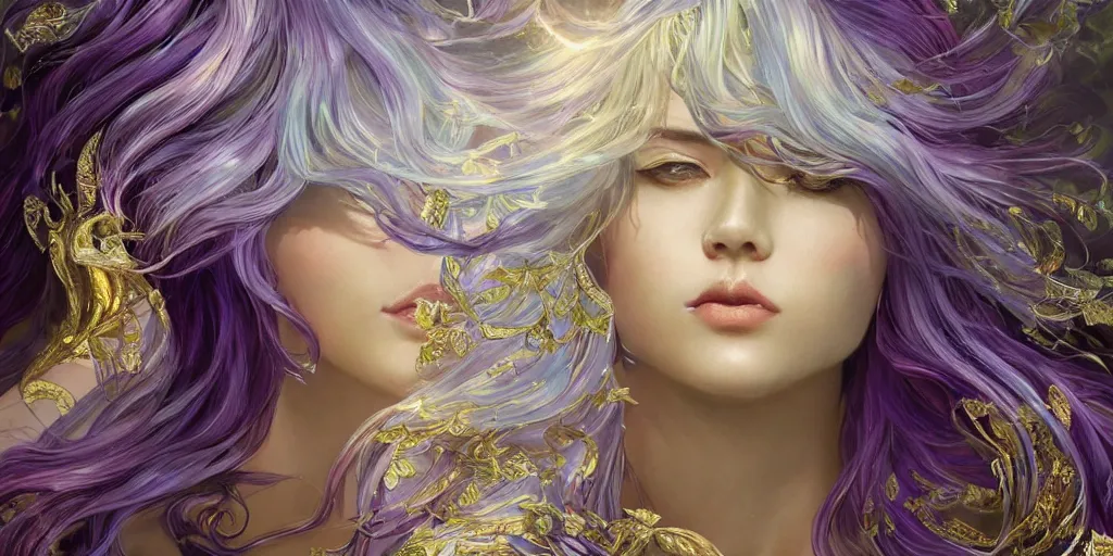 Image similar to wide angle, opalescent purple panther, metallic silver and ice color reflected crystal hair, leaping from babaob tree, fantasy, intricate, very beautiful, elegant, golden light, highly detailed, digital painting, artstation, concept art, smooth, sharp focus, unreal engine, art by wlop and tian zi and alphonse mucha