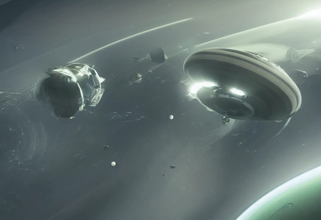 Prompt: concept art of a massive, square spaceship with small green details in the ring of saturn, environmental shot, highly detailed realistic lighting