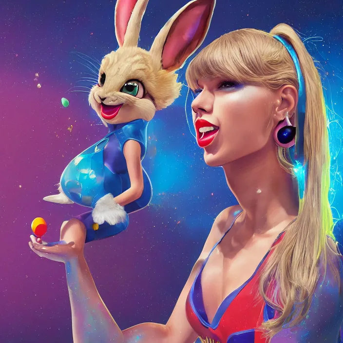 Image similar to portrait of Taylor Swift as Lola Bunny in Space Jam. bunny ears. intricate abstract. intricate artwork. by Tooth Wu, wlop, beeple, dan mumford. octane render, trending on artstation, greg rutkowski very coherent symmetrical artwork. cinematic, hyper realism, high detail, octane render, 8k, iridescent accents