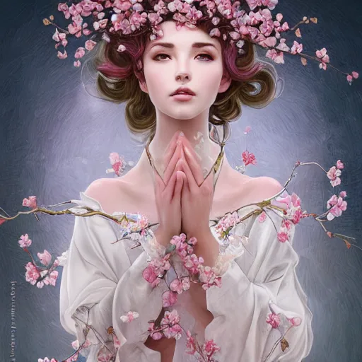 Image similar to a photograpic portrait of a anthropomorphic cherry - blossom wearing white clothes, fantasy, intricate, elegant, highly detailed, digital painting, artstation, concept art, smooth, sharp focus, illustration, art by artgerm and h r giger and alphonse mucha