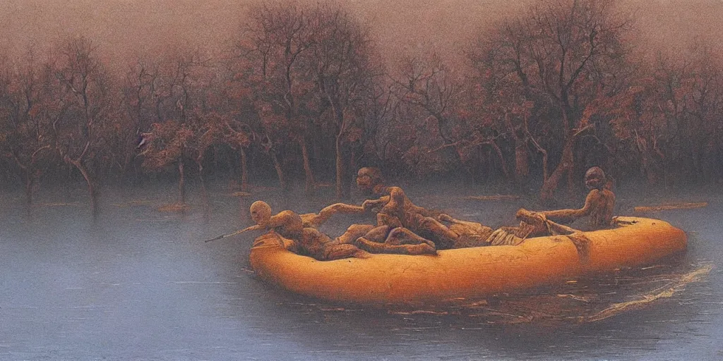 Prompt: A very detailed painting in the style of Beksinski featuring a river in Europe surrounded by trees and fields. A rubber dinghy is slowly moving through the water. Sun is shining