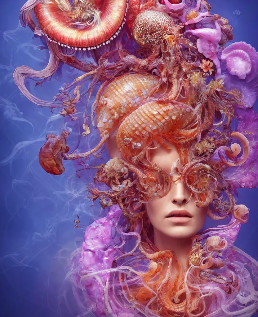 Prompt: head shot intricate portrait of the face of a beautiful princess mixed with skull and jellyfish and phoenix bird and giant orchid flower and giant gladiola and surrounded by smoke and water energy flow. translucent nautilus, highly detailed. octane render, excellent composition, by arturo comin