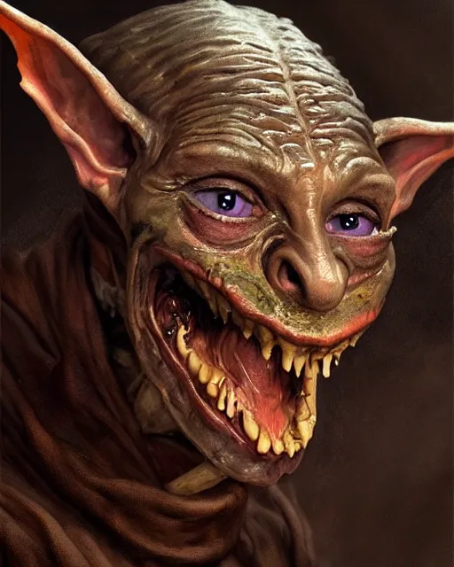 Image similar to closeup profile face portrait of a medieval goblin eating cakes in the cathedral, beautiful face, hyper realistic, highly detailed, digital painting, artstation, illustration, concept art by hyung tae, frank frazetta, bosch, giger, digital paint, matte paint, washed colors, dark, gloomy, detailed and intricate environment