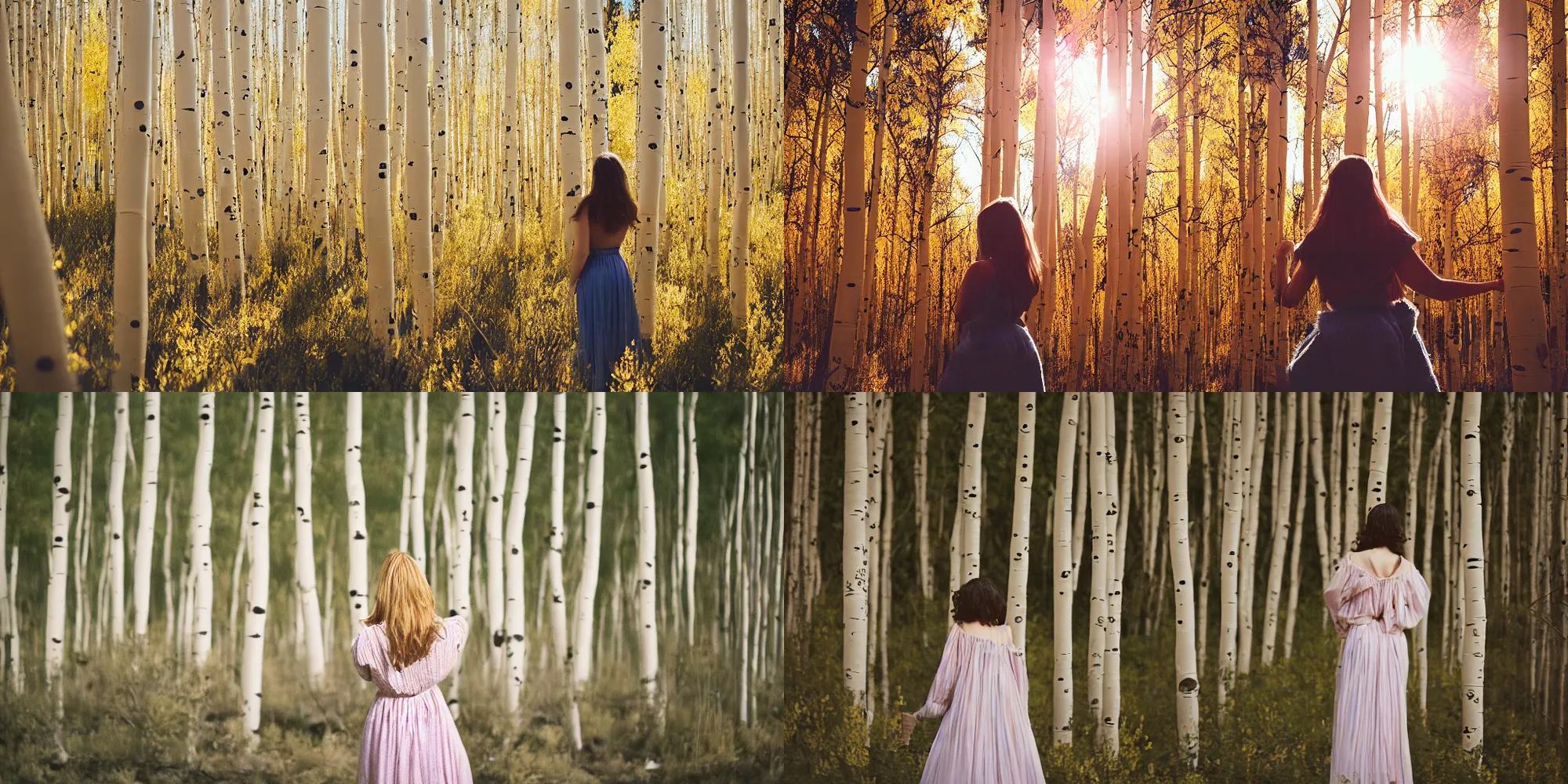Prompt: photograph of a beautiful!!! woman! from the back in an aspen tree forest by mark owen. pastel colors. kodak portra 4 0 0 film!!. whirl bokeh!. mamiya 7. highly detailed. hq. photoreal. golden hour. lens flare. faded film. in - frame